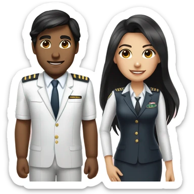Flight attendant with long black hair and white skin with a pilot man with light tan skin and black hair sticker