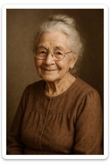 a very old lady grandma wearing glasses gentle smile silver hair in a bun simple dress cozy style sticker