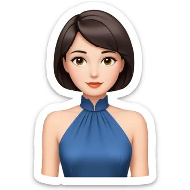 A portrait of a sophisticated woman with short bobbed hair, wearing elegant makeup and a high-neck dress. She has a soft smile, with a luxurious, classic interior setting behind her sticker