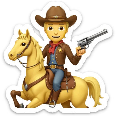 Cowboy riding a horse with revolver. Cowboy With yellow skin and smilling. I mean the face should yellow like mustard color. Simplize it and I need a full pic with horse. Like I need the leg part too sticker