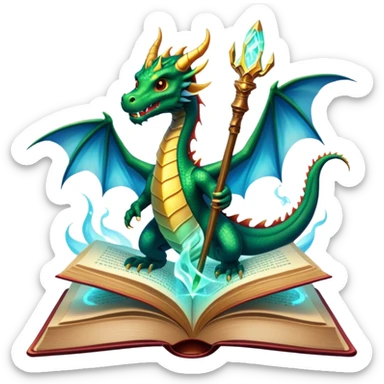 Icon for Fantasy and Sci-Fi Literature: a magical book with glowing pages, surrounded by a dragon, a spaceship, and a wizard with a staff. The icon should capture the adventurous and imaginative world of fantasy and science fiction. Transparent background. sticker