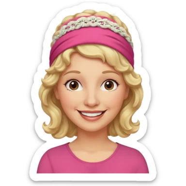 emoji of a woman in her 50s, curly blonde hair, wearing a headband, warm smile sticker