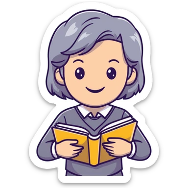 smiling English teacher with airtouch hair and grey-green eyes holding books and teaching materials sticker