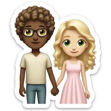 Girl with long blonde hair and green eyes wearing a light pink dress holding hands with dark brown boy with short curly hair and glasses sticker