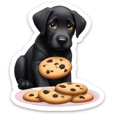 sweet black labrador puppy with big eyes eats a cookie sticker
