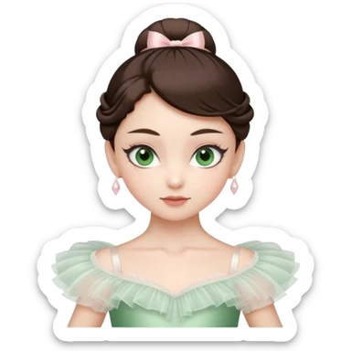 Realistic Ballerina Portrait, with porcelain-like skin featuring a natural rosy flush, illuminated by soft lighting that highlights the gentle contours of her face. Her Brunette hair flows in soft.Her deep green light eyes radiate framed by arched brows and long lashes. sticker