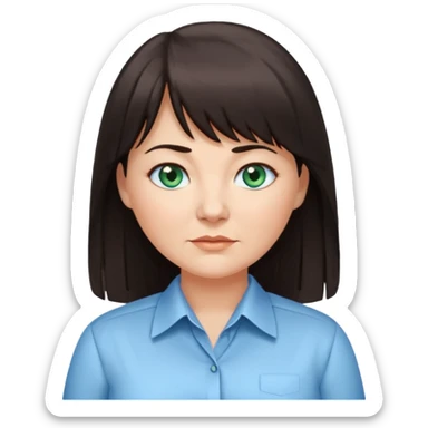50 yr old woman, blue green eyes, long straight dark brown hair, business shirt, chubby, bangs sticker