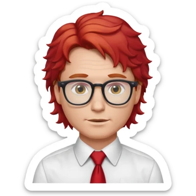 white man in white shirt, having red tie, red wavy hair, wearing glasses sticker
