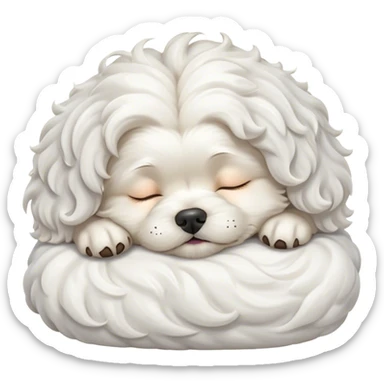 Cinematic Meme-Worthy cute Sleeping Wavy-Haired Maltese dog Portrait Emoji, Head resting peacefully with a contented smile, featuring a delightfully cute build and a luxuriously soft, wavy-haired white coat, eyes shut in a serene nap, Simplified yet hilariously adorable features, highly detailed, glowing with a soft, drowsy light, high shine, relaxed and utterly lovable, stylized with an air of playful laziness, bright and endearing, soft glowing outline, capturing the essence of a comically sleepy companion, so meme-worthy it feels like it could instantly become the next viral sensation of adorable slumber! sticker