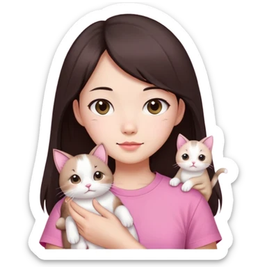This Chinese girl has fair skin. She has long semi-short dark brown hair and is wearing a pink T-shirt. She is holding a white folded-eared cat. sticker