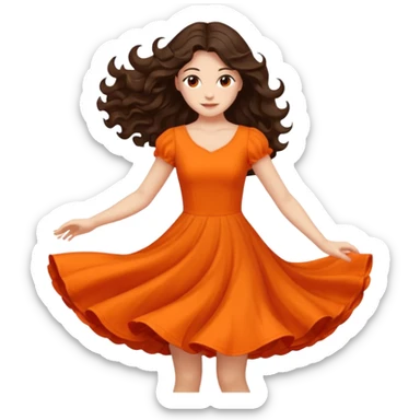 Long dark wavy hair women in orange standing spinning twirling around sticker