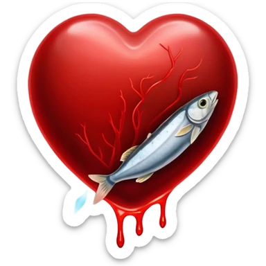 Glowing pieces of liver, red meat, and sardines floating around a red blood cell that shines brightly like a torch. Streams of light connect the blood cell to a heart and muscles, showing how heme iron creates energy and vitality throughout the body. sticker