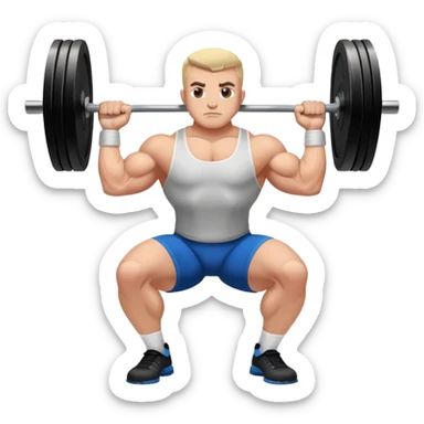 Powerlifter lifting a heavy barbell in a dramatic display of strength, muscles flexing under the pressure. The focus is on the lifter's intense effort and the heavy weights on each side. The background features a gym with weights and equipment, emphasizing the raw power of the sport.  sticker