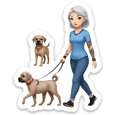 Women with silver hair tattoos and avatars walking fawn English Mastiff dog sticker