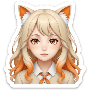 Beautiful gorgeous pretty anime lady, round ocelot ears, nekomimi, kemonomimi, long wavy whitish-beige-hair with gradient-orange tips sticker