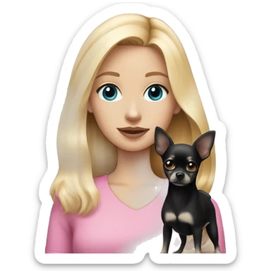 White girl with blonde hair and blue eyes wearing a pink shirt holding a black long hair chihuahua sticker