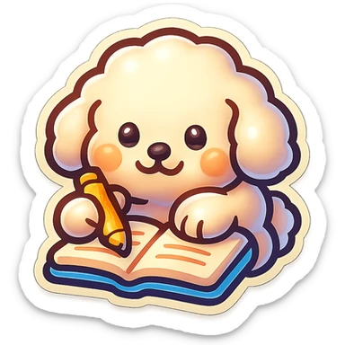 Create a WhatsApp sticker style image of a cute dog studying. Remove the background completely and keep only the dog. Add a white border around the dog for a sticker effect. sticker