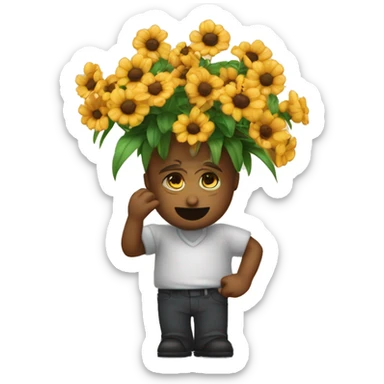 emoji triste segurando um buque de flores com corações quebrados de cor pretos em volta sticker