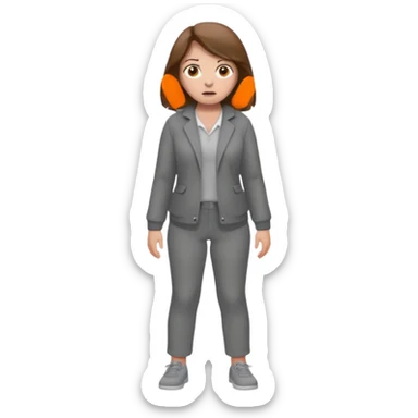 Chica grande  asustada de cuerpo completo con pelo castaño pantalones grises y saco gris  sticker