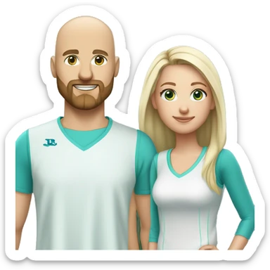 Same image but White couple. Male bald with beard. Aqua eyes. Woman long blonde brown highlight hair. 35. Aqua eyes. In pickleball clothes  sticker
