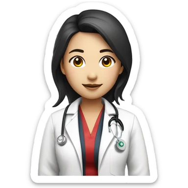 a young asian female doctor with a white coat and stethoscope around her neck with black and red highlighted hair of shoulder length full body sticker