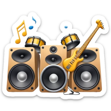 Icon for R&B Music Listening: large concert speakers and headphones with waves of musical notes coming out, along with drums, bass guitar and saxophone. The icon should convey the energetic and rhythmic vibe of R&B music. Transparent background sticker