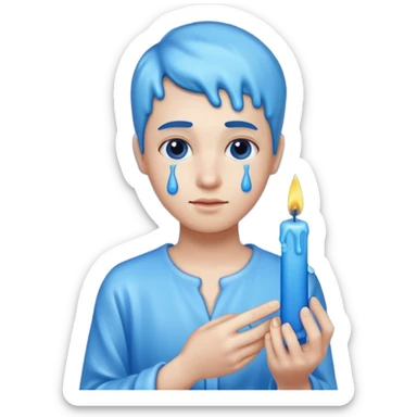 A blue candle held by a hand at 45 degree angle, wax dripping down sticker