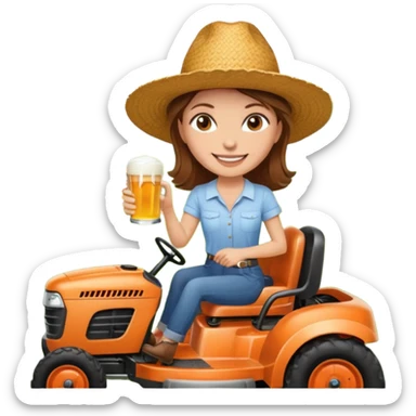 White woman with brown hair, without glasses wearing a straw hat, on old orange ride on lawn mower, holding a beer with one hand and holding the steering wheel with the other hand. Woman is smiling. Lawn mower brand is called “Westwood” sticker