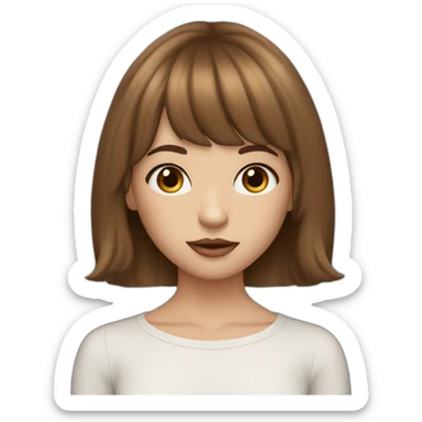 long brown hair skinny girl with curtain bangs, thin face and makeup from head to chest sticker