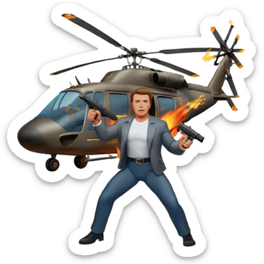 Icon for Action Movies: Arnold Schwarzenegger in the lead role, in an intense action pose with weapons, explosions, a car and helicopter flying out of flames in the background. The design should capture the explosive energy and heroism of classic action films. Transparent background. sticker