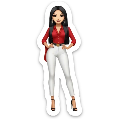 beautiful woman boss, with long straight black hair, with make up, black eye liner, smile, mexican, brown skin, wearing beautiful sexy outfit and white earings, she stand up, full body sticker