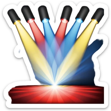An emoji of stage lights shining brightly. Multiple spotlights in different colors (blue, yellow, red) angled towards a stage, creating a dramatic and concert-like atmosphere. Beams of light cutting through the darkness with a slight glow effect sticker