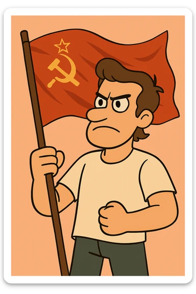 Add a realistic waving effect to the Soviet Union flag, keeping the red background and gold hammer, sickle, and star, in the same flat style. Maintain the flat style look while introducing the waving effect realistically. sticker