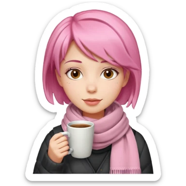 a girl with pink short layer hair, having scarf,  drink coffee, enjoy sticker