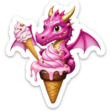 A dragon in pink tones with its wings, pink and golden legs, and shiny glitter, eats a vanilla and chocolate ice cream. sticker