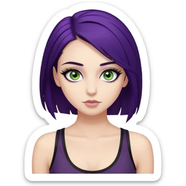 alternative girl with dark purple hair and big eyelashes, beautiful makeup and greenish grey eyes, straight eyebrows & wearing a low cut black tank top sticker