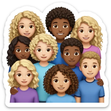 Group of diverse friends standing together, including a dark-skinned boy, a light-skinned blonde boy, a light-skinned girl with dark hair, a mixed-race girl with brown hair, a light-skinned person with curly hair, a mixed-race person with dark curly hair, and in the center a mixed-race person with wavy hair sticker