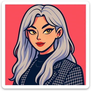 Create a stylized cartoon portrait of a woman with long silver hair, golden eyes, and fashionable clothing in a vibrant toon style with bold colors and smooth shading. sticker