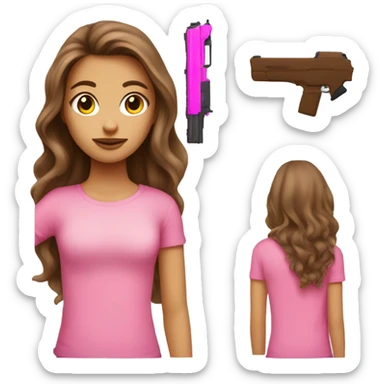 Beautiful brown long haired and fair skined  girl wearing pink top and holding a pink gun sticker
