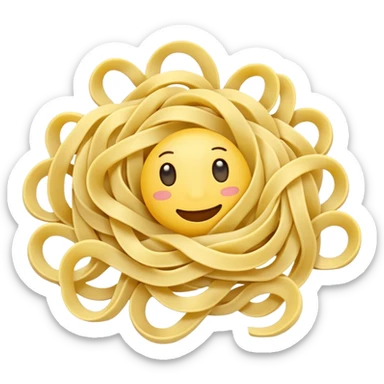 loose tangle of pale yellow cooked noodles with soft glossy texture and natural curves, strands slightly twisted and overlapping, freshly prepared dish, no bowl chopsticks or sauce, apple emoji style, soft lighting, subtle shadows, emoji scale sticker