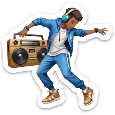 Icon for Street Dance: a dancer in urban streetwear performing a dynamic lower breakdance move, with a spray-painted background, headphones, and a boombox on the asphalt. The icon should capture the energy, style, and creativity of street dance culture. Transparent background. sticker