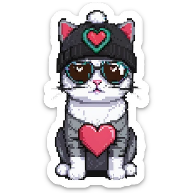 cat wearing a beanie and heart-shaped sunglasses sticker