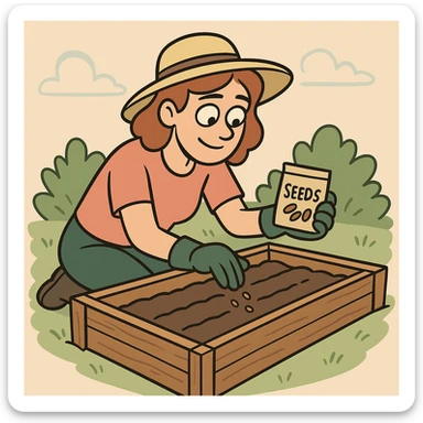 a woman planting seeds in a raised bed vegetable garden, flat toon style sticker
