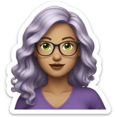 curvy-woman-white, purple-long-wavy-hair, green-eyes-square-glasses sticker