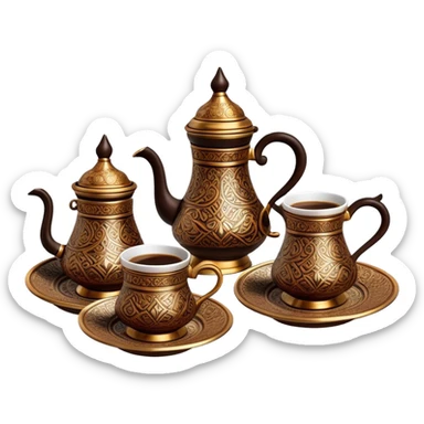Turkish Coffee Set – Cinematic Realistic Turkish Coffee Set, depicted as an elegantly arranged ensemble of ornate coffee cups and a traditional cezve pot, adorned with intricate patterns and rich, warm colors, rendered with detailed textures and soft ambient lighting that captures its cultural heritage. sticker