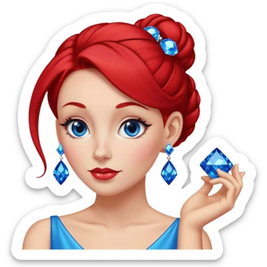 gem lover woman with gem accessories excessive amount very big gem earrings red bun hair and redbluediamonds sticker