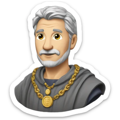 medieval coin engravers guild leader, 50 years old, grey hair, bust, has a necklace with a coin, has a coin in one hand sticker