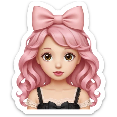 “Emoji girl, doe eyes, long fluttery lashes, soft pink blush, glossy rose lips, ribbon hair bow, romantic curls, wearing lace top.” sticker