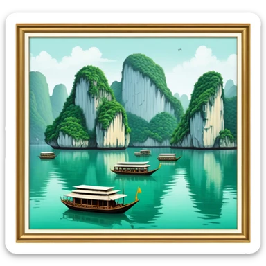 Cinematic Realistic Ha Long Bay Landscape Emoji, depicted with limestone karsts emerging from emerald waters rendered with intricate detail and dynamic natural lighting. sticker