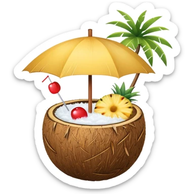 A tropical cocktail served in a coconut shell with a mini umbrella and pineapple.
 sticker